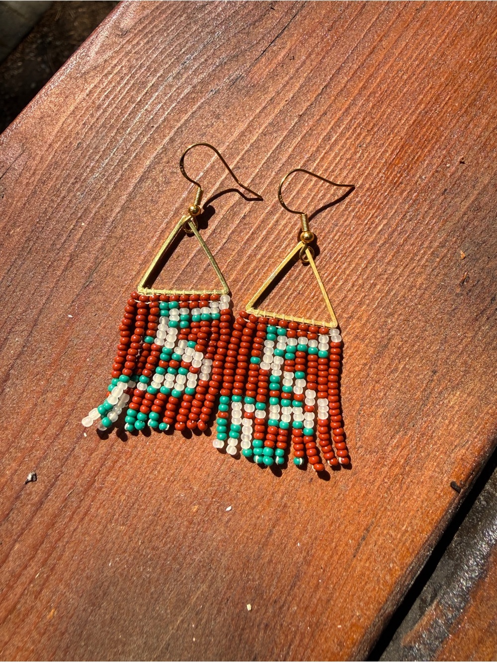 Handmade Beaded Fringe Earrings - Rust, Turquoise & Cream